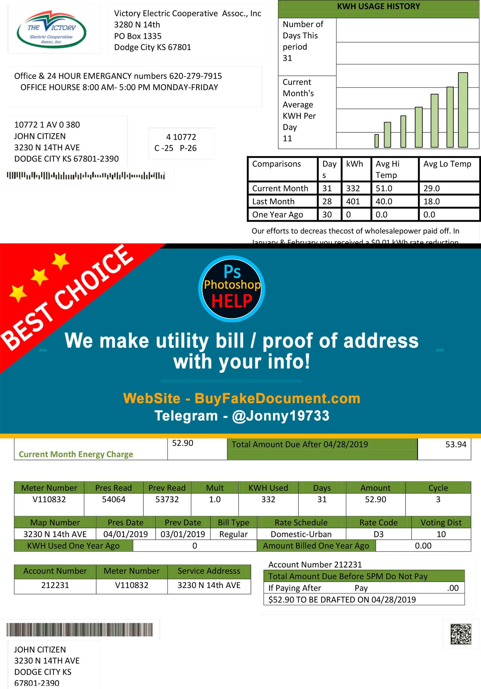 Kansas Victory Electric utility bill Fake Utility bill